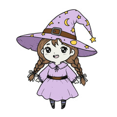 Cute Little Witch Girl with Braids and Stars Hat