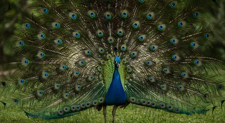 Obraz premium Majestic Male Peacock Displaying Vibrant Tail Feathers in Natural Green Habitat