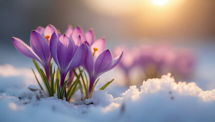 Purple Crocus Flowers Blooming in Snow at Sunrise