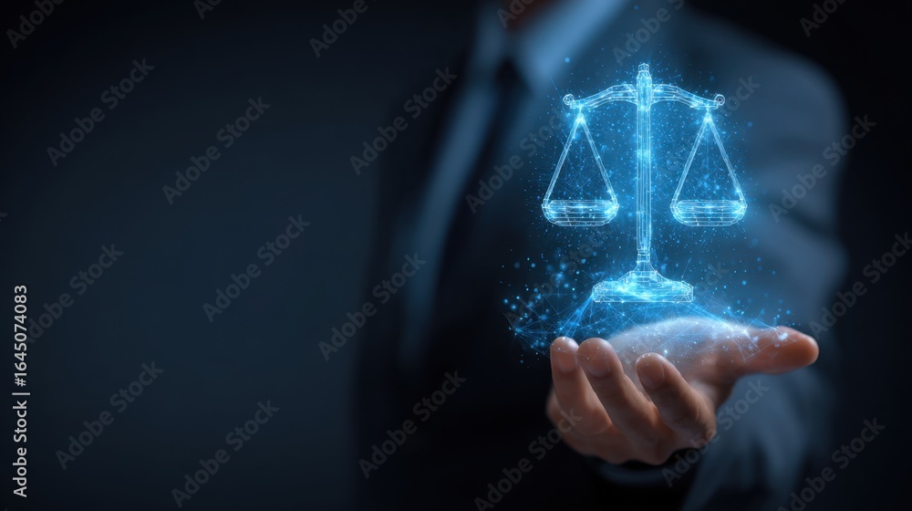 Poster futuristic digital hologram of a balanced scale floating above a person's hand in a dark environment