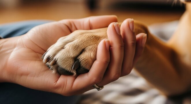A human hand gently holds a dogs paw, symbolizing trust, love, and the deep bond between pets and their owners