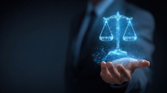 Futuristic digital hologram of a balanced scale floating above a person's hand in a dark environment, representing justice and technology integration