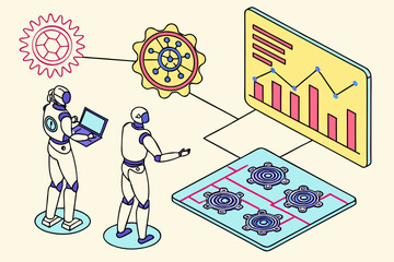 Vector illustration of business people with a pie chart, depicting a business man, woman, and child character drawing in a cartoon style