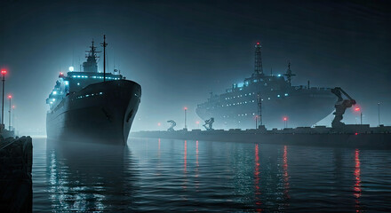 Dark Blue Cruise Ships Docked at Night Reflecting Red Lights in Water