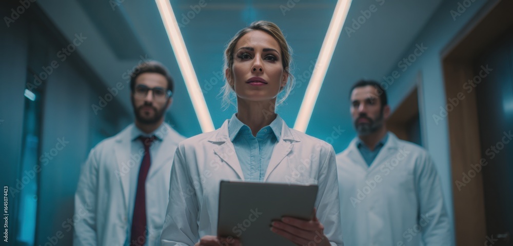 Poster futuristic scene featuring three diverse professionals in a high-tech environment with neon lighting