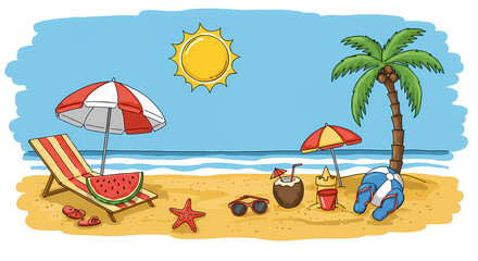 Obraz premium Colorful Beach Scene with Sun Umbrellas Palm Tree and Sand Toys