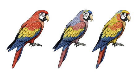 Obraz premium Colorful Parrots Illustration Three Birds with Bright Feathers on Transparent Background