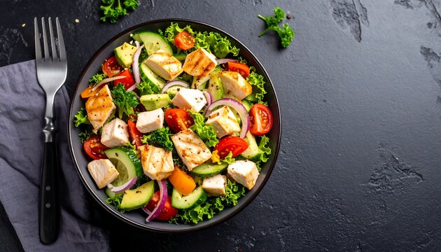 Grilled chicken salad with assorted vegetables in a dark bowl