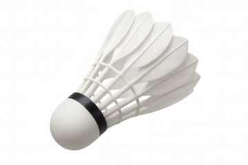 Studio shot of a badminton shuttlecock with white feathers and a black band, isolated on a transparent background, ready for play