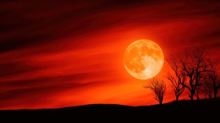 Majestic full moon rises over a dramatic red sky, silhouetting barren trees on a tranquil landscape