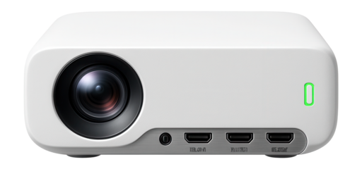 Short throw projector with a rounded edge design and multiple HDMI ports for gaming consoles