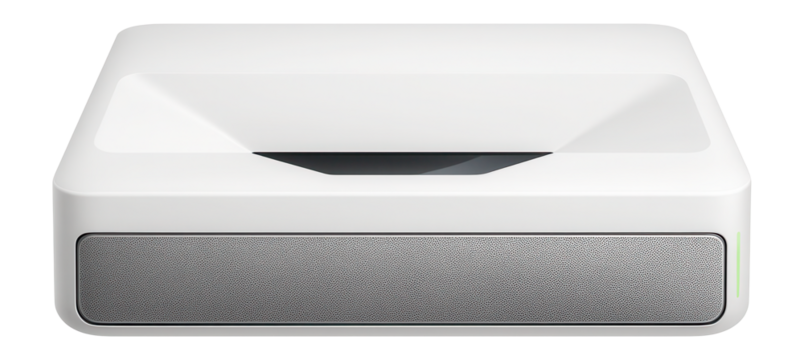 Ultra-short throw laser projector with a sleek white casing and integrated soundbar for home theater setups