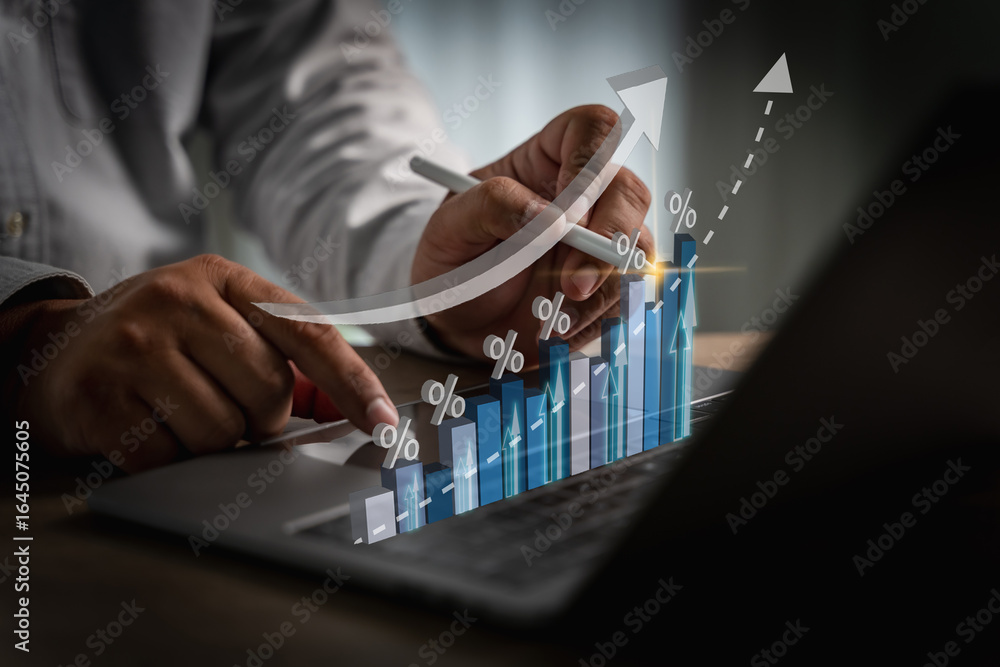 Poster financial growth concept shown by rising bar chart with percentage icons as a person analyzes data u