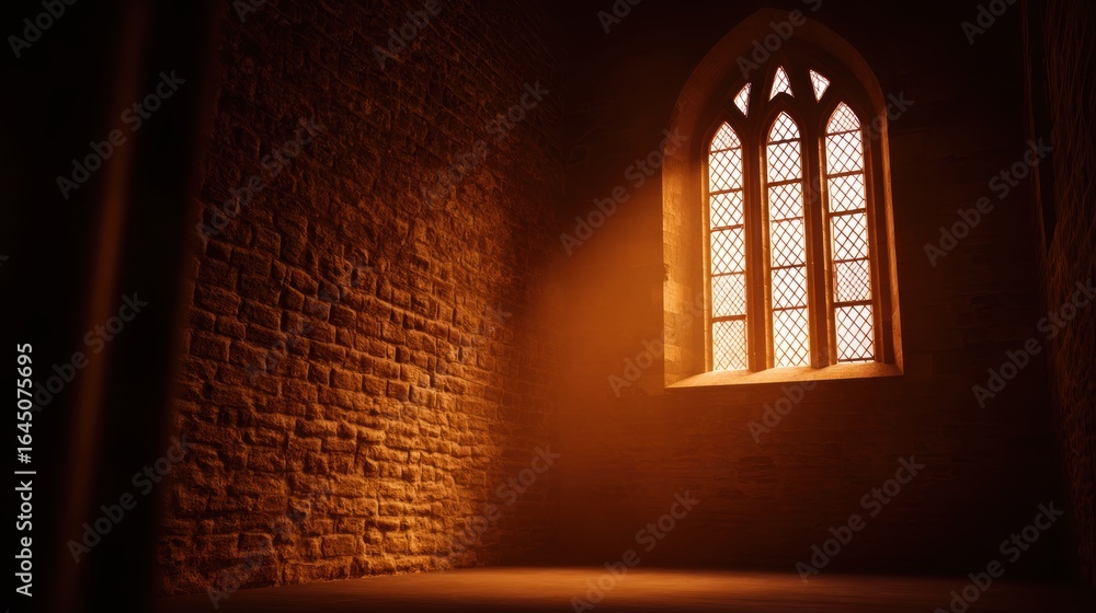 Poster sunlight streaming through a gothic window in an ancient stone room, creating a warm atmosphere