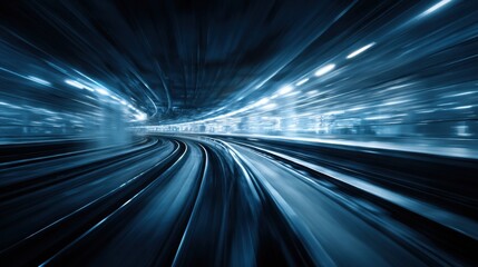 Long exposure photograph of a high-speed train moving through a futuristic tunnel with light trails and motion blur
