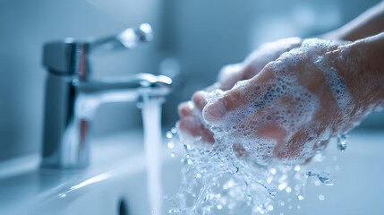 Fototapeta premium Hands washing with soap under running water.