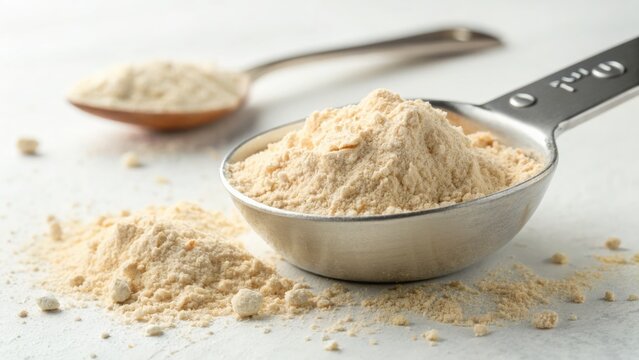 Gluten free baking ingredients, A measuring scoop filled with flour sits on a countertop, with additional flour scattered nearby, capturing a cooking or baking theme.