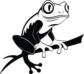 Black and White Frog Illustration Perched on Branch Vector Art