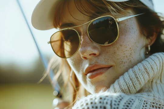 Young female golfer with a focused expression holding a club on a bright summer day, professional golf athlete generative ai - Powered by Adobe