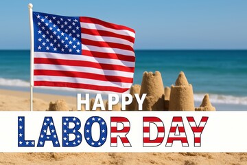 Happy Labor Day with an American flag and sandcastle on the beach.