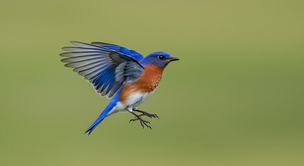 A vibrant bluebird in flight against a soft green blurred background