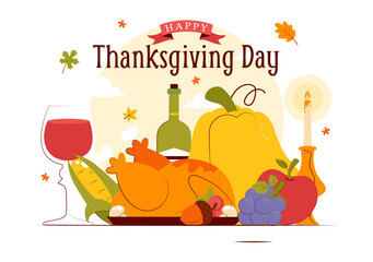 Happy Thanksgiving Day Vector Illustration featuring Turkey, Pumpkins, Autumn Leaves, and Various Festive Elements in a Flat Style Cartoon Background