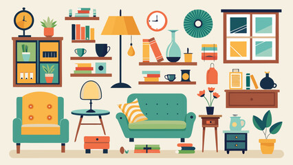 Illustration of a cozy living room interior with furniture and decor in a flat design style vector