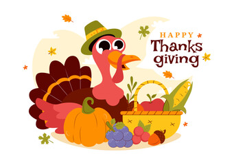 Happy Thanksgiving Day Vector Illustration featuring Turkey, Pumpkins, Autumn Leaves, and Various Festive Elements in a Flat Style Cartoon Background