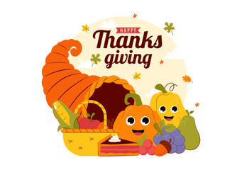 Happy Thanksgiving Day Vector Illustration featuring Turkey, Pumpkins, Autumn Leaves, and Various Festive Elements in a Flat Style Cartoon Background