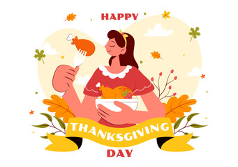 Happy Thanksgiving Day Vector Illustration featuring Turkey, Pumpkins, Autumn Leaves, and Various Festive Elements in a Flat Style Cartoon Background