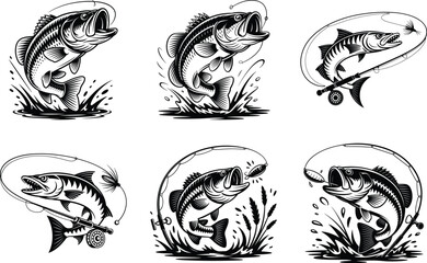 Fishing Bass Silhouette, Bass Fish Vector, Largemouth Bass Clipart, Angler Fishing Silhouette, Sport Fishing Vector