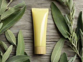 Natural balm tube mock with wooden background and sprigs of sage leaves