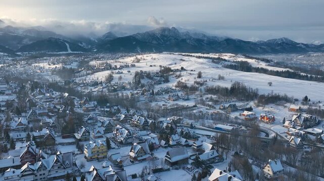 winter Zakopane aerial view in winter, winter holiday in Zakopane, drone shot of Polish ski resort of Zakopane in the snow, Polish Tatras