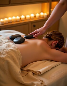 Hot stone massage on a woman&rsquo;s back in a candle-lit spa room, promoting relaxation and muscle relief.