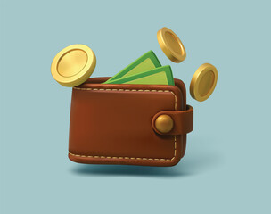 3D Wallet with Coins and Cash Icon