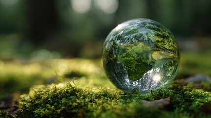 A captivating close-up showcases a transparent sphere reflecting lush greenery, emphasizing environmental consciousness and nature's beauty.