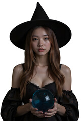 mystical witch with crystal ball on transparent background