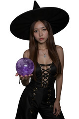 mystical witch with crystal ball on transparent background
