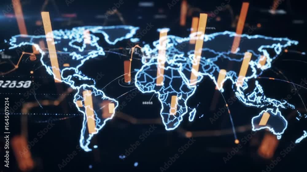 Poster graphical world map overlay with rising bar charts and financial statistics on dark backdrop