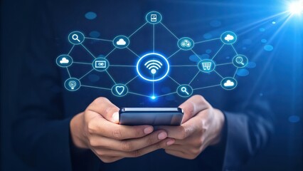 Person holding a smartphone displaying a connected network of social media and internet icons technology