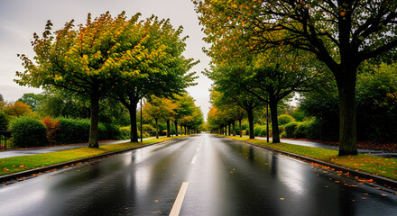 Obraz premium Autumn road reflecting the sky offers a calming, scenic view perfect for travel blogs and seasonal promotions