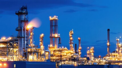 Fototapeta premium Industrial complex illuminated at night, showcasing towering structures and glowing lights against a twilight sky
