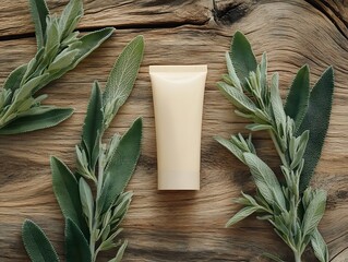 Natural balm tube mock with wooden background and sprigs of sage leaves