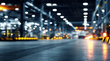 Industrial warehouse interior at night with blurred foreground, showcasing machinery and lighting effects