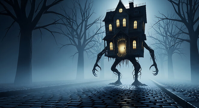 Spooky walking house on a foggy street at night