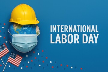 Globe wearing a hard hat and mask, celebrating Labor Day theme.