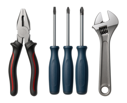 Basic auto tool set with pliers, screwdrivers, and an adjustable wrench for a beginner's toolkit.