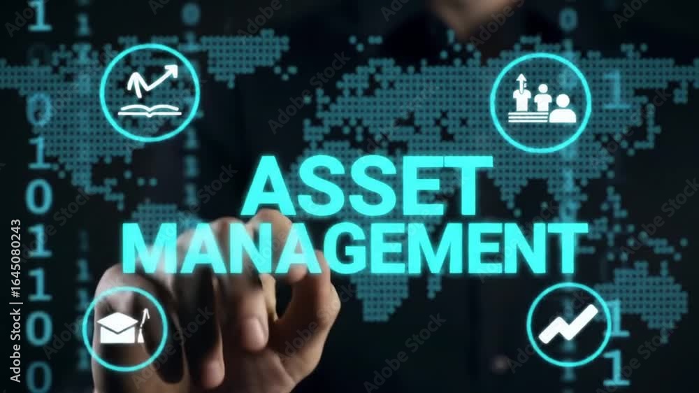 Aufkleber hand touching asset management text with blue digital network world map background