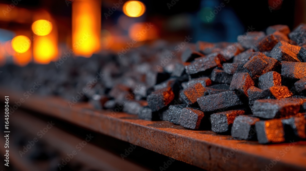 Poster close-up view of metallic ingots stacked on a rail in a vibrant industrial setting with warm lightin