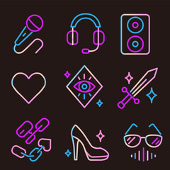 Neon outline icon set with microphone, headset, speaker, heart, magic charm, sword, chain, high heels, sunglasses, and sound wave. Ideal for music, fantasy, and concert designs.